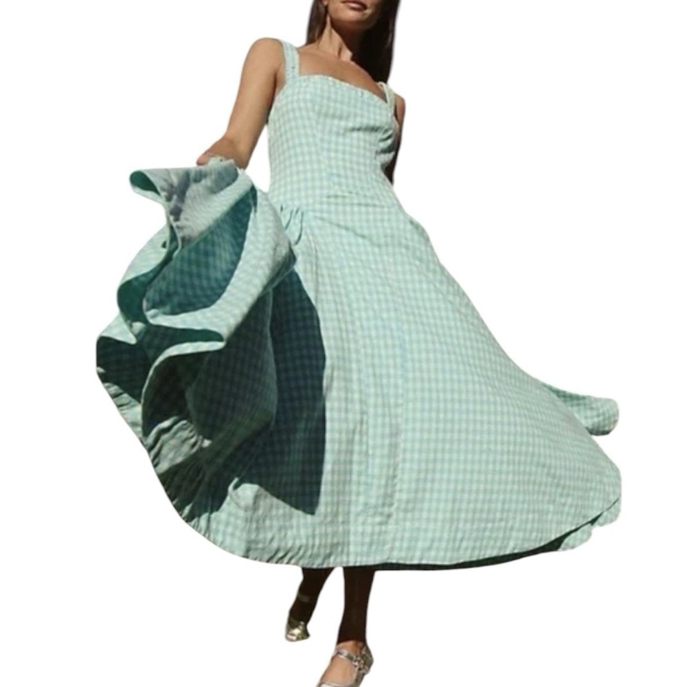 Free People Maxi Dress Women's XS‎ Sleeveless Plaid Blue Elastic Back Sun Dress